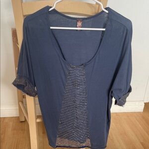 Free People Slate Blue Blouse with Sheer Accents